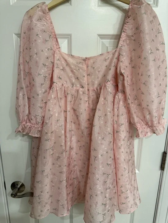 Altar'd State Pale Pink Floral Square-Neck Puff Sleeve Mini Dress - Picture 3 of 5